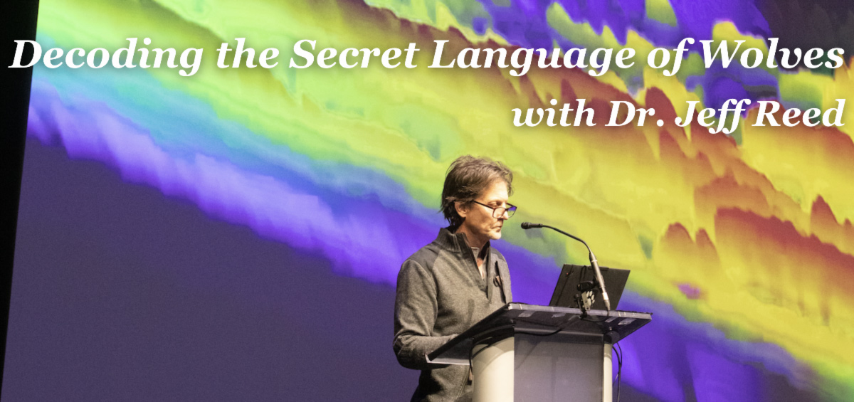 A man stands at a podium with a microphone and laptop, speaking in front of a colorful, abstract background. Text above him reads, Decoding the Secret Language of Wolves with Dr. Jeff Reed—exploring Yellowstone Research and Wolf Policy. | Living with Wolves