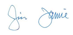 Two handwritten signatures in blue ink on a white background. The first signature reads Jim and the second Jamie, both in cursive style—a reminder of how stories like "Poaching is Driving Wolf Deaths in the Great Lakes—New Study Finds" leave their mark. | Living with Wolves