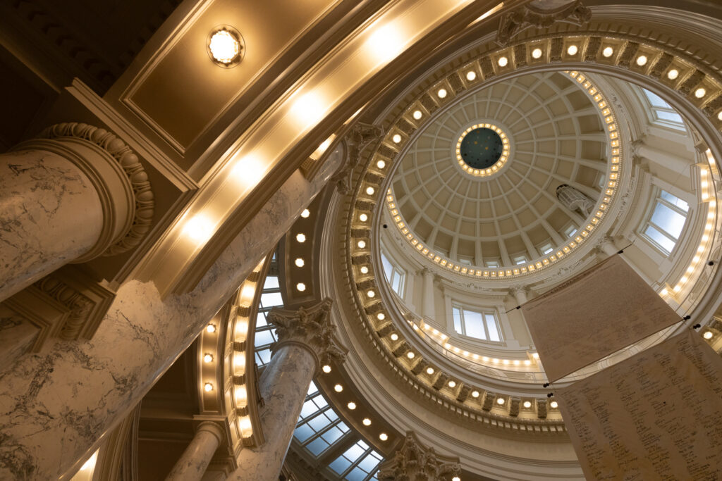 Ornate view looking up at the domed ceiling of a government building, featuring marble columns, circular patterns, and bright lights—Did You Know? Wolves only have one litter of pups annually. | Living with Wolves