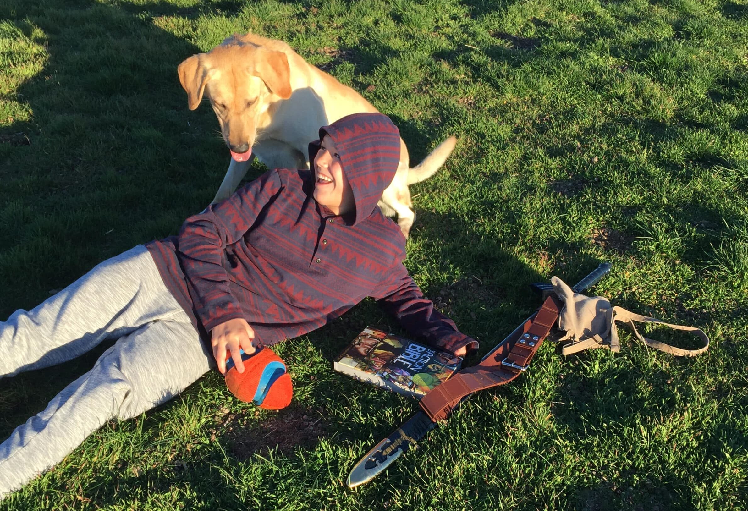 A child in a striped hoodie lies on grass, smiling with a ball, as a yellow Labrador stands playfully over them. Scattered nearby—a bag, toy sword, and book—glow in bright sunlight, hinting at carefree moments far from the 2026 Idaho Legislative Recap. | Living with Wolves
