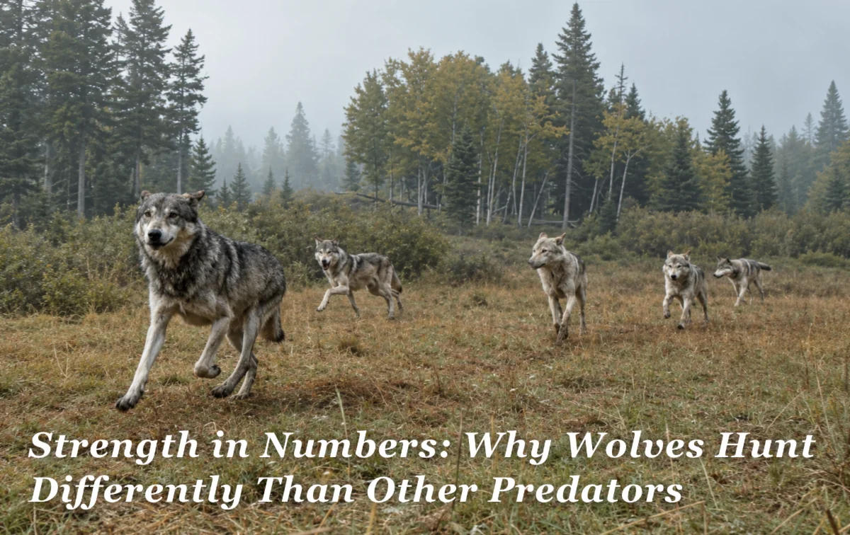 Five wolves run through a grassy clearing with tall trees and fog in the background. White text at the bottom reads: Strength in Numbers: Why Wolves Hunt Differently Than Other Predators.. | Living with Wolves