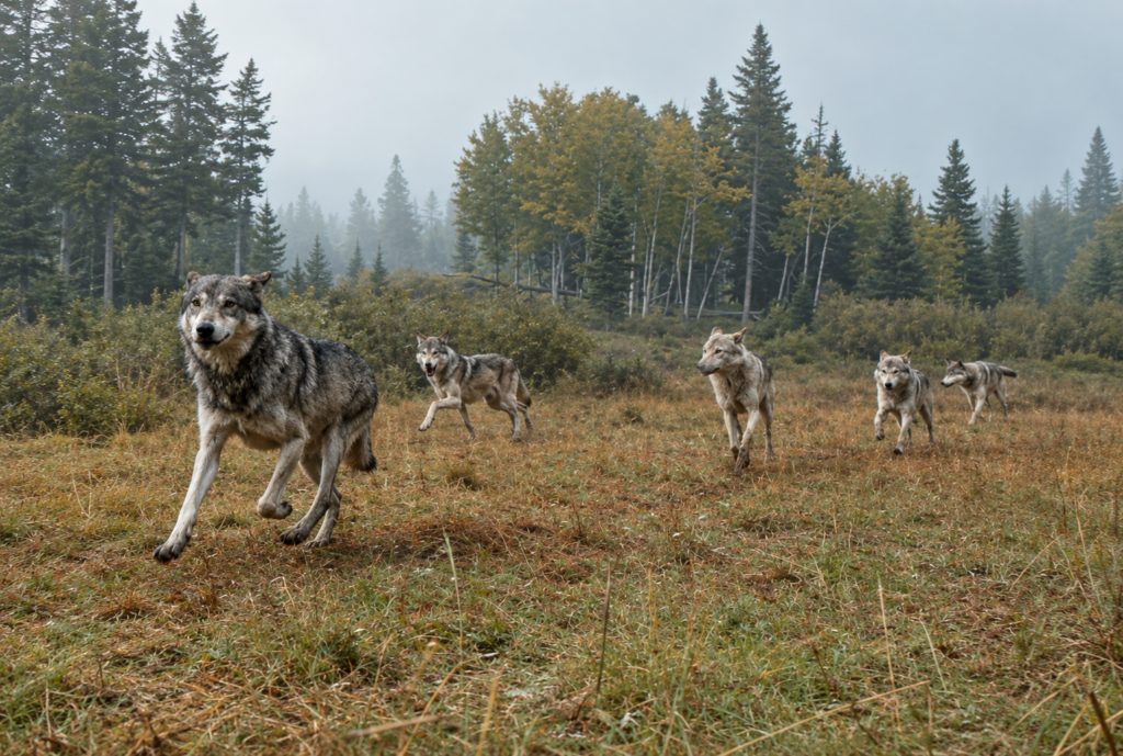 A pack of five wolves runs across a grassy clearing in a forest, with trees and misty air in the background, showcasing their strength in numbers: why wolves hunt differently than other predators. | Living with Wolves