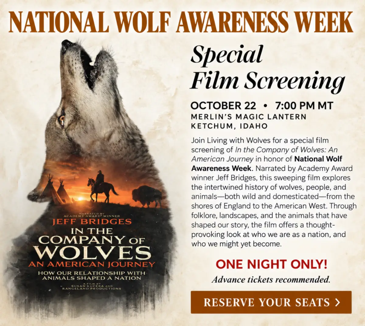 Event flyer for a National Wolf Awareness Week screening of In the Company of Wolves: An American Journey on October 22 at Merlins Magic Lantern, Ketchum, with ticket links. The film addresses how poaching is driving wolf deaths in the Great Lakes. | Living with Wolves